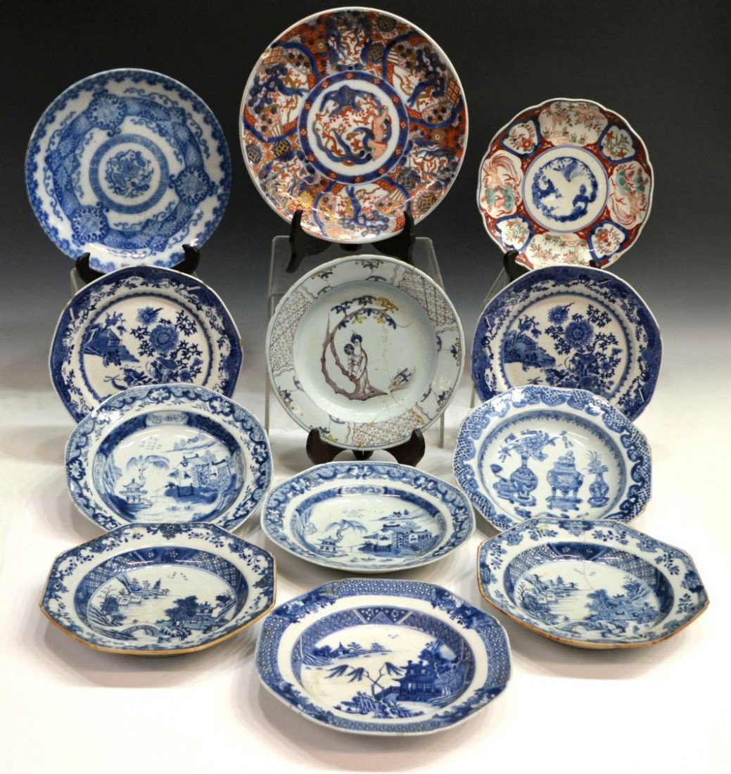 HUGE COLLECTION OF JAPANESE PORCELAIN TABLEWARE: ( lot of 12) Large collection of Japanese assorted porcelain tableware, various styles and patterns, including plates, shallow dishes, serving platter, all with damage and glue restoration, largest: 1