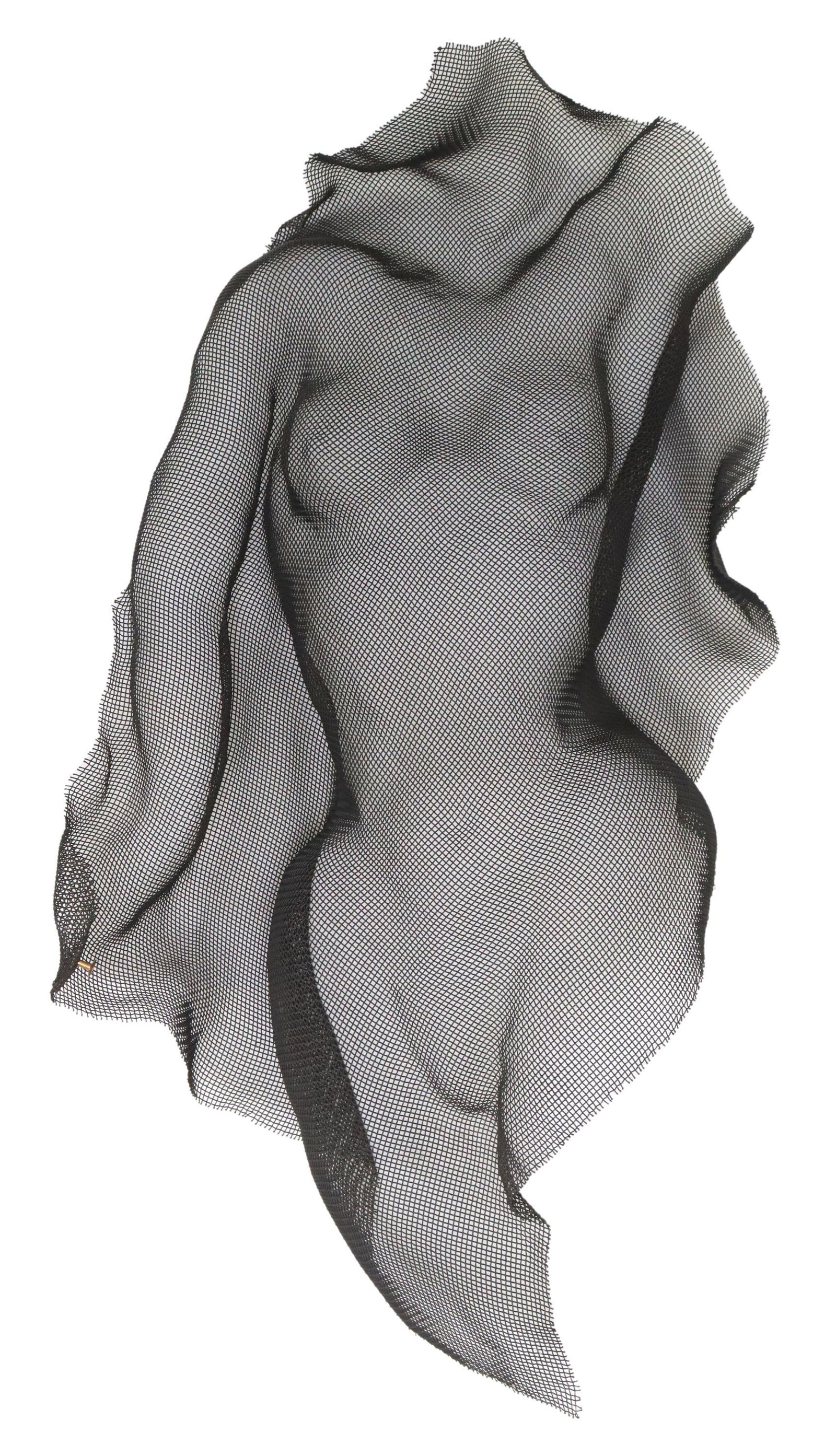 RAY WIEGER (20TH C.) WIRE MESH TORSO SCULPTURE: Wire mesh wall-mounted relief sculpture, Female Torso, tag initialed RW, attributed by consigner to Ray Wieger (American, 20th c.), with wire wall-hanging mount, approx 32"h, 16"w, 7"d, 3lbs total Sta