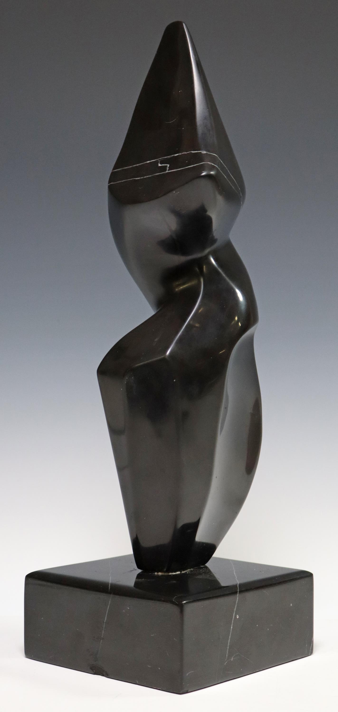 MODERN CARVED BLACK MARBLE ABSTRACT FORM SCULPTURE: Carved black marble sculpture, Abstract Form, apparently unsigned, rising on black square base, overall: approx 17"h, 6.25"w, 5.5"d, 17.5lbs **Provenance: Designer Courtney Blanton's CBI Studio collec