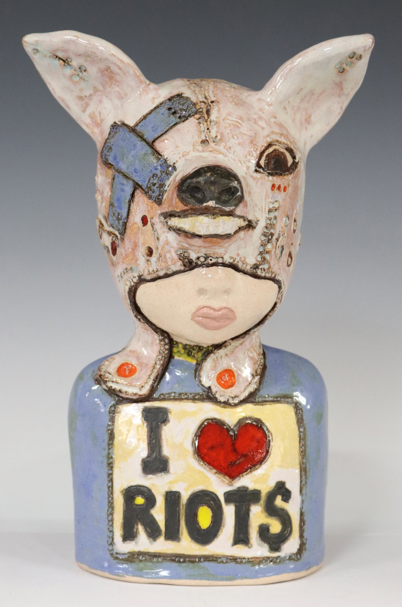 IWO RYNKIEWICZ (B.1970) CERAMIC 'KID' SCULPTURE: Pop art style polychrome ceramic "Kid" sculpture, Iwo Rynkiewicz (Polish, b.1970), signed to back, approx 10 3/8"h, 7"w, 5.75"d, 3.25lbs **Provenance: Designer Courtney Blanton's CBI Studio collection