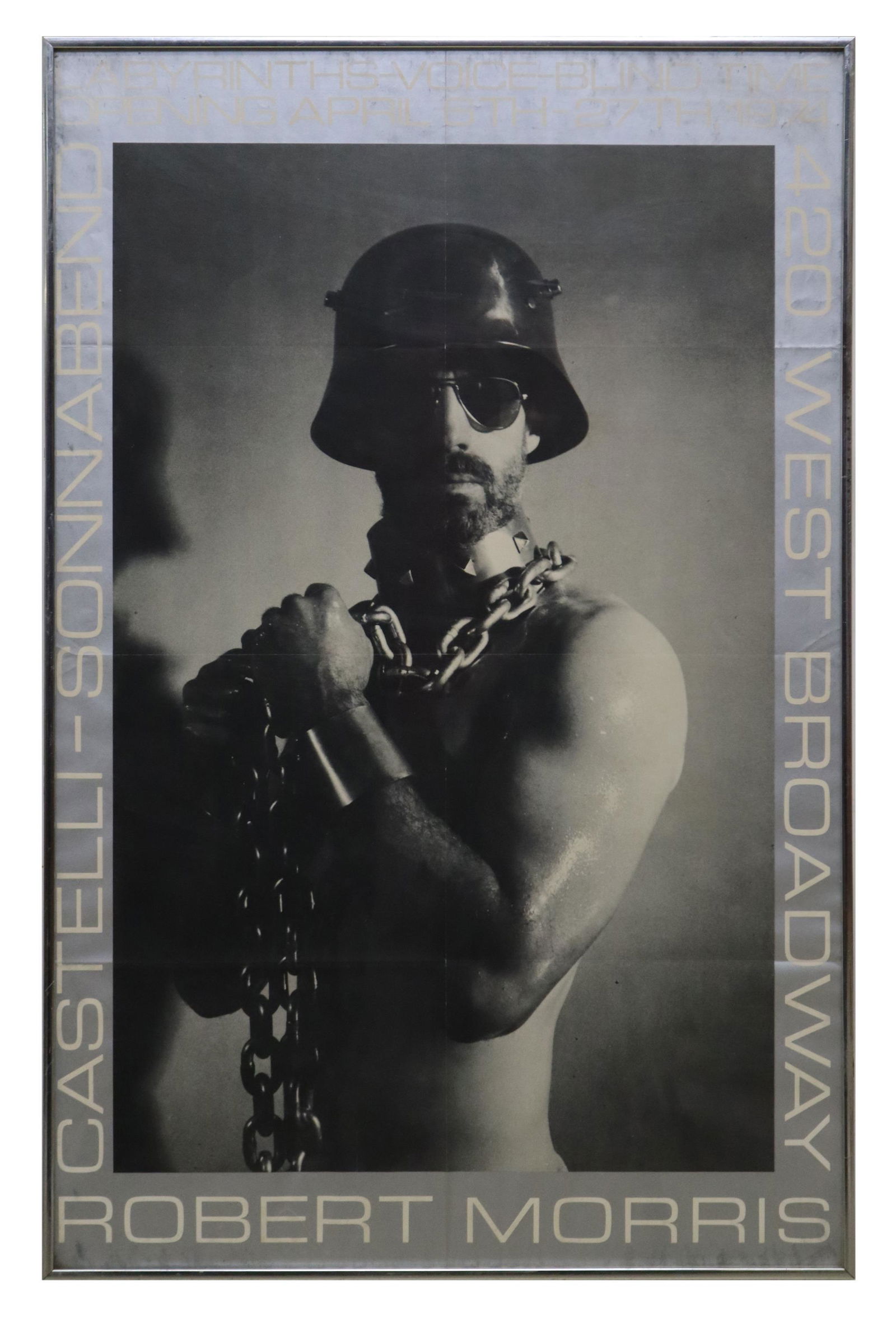 ROBERT MORRIS (D.2018) GALLERY EXHIBITION POSTER: Framed gallery exhibition poster, Robert Morris (American, 1931-2018), Labyrinths - Voice - Blind Time, c.1974, Castelli-Sonnabend, creasing, sight: approx 36.5"h, 23.5"w, overall: 37.25"h, 24.25"w, 8