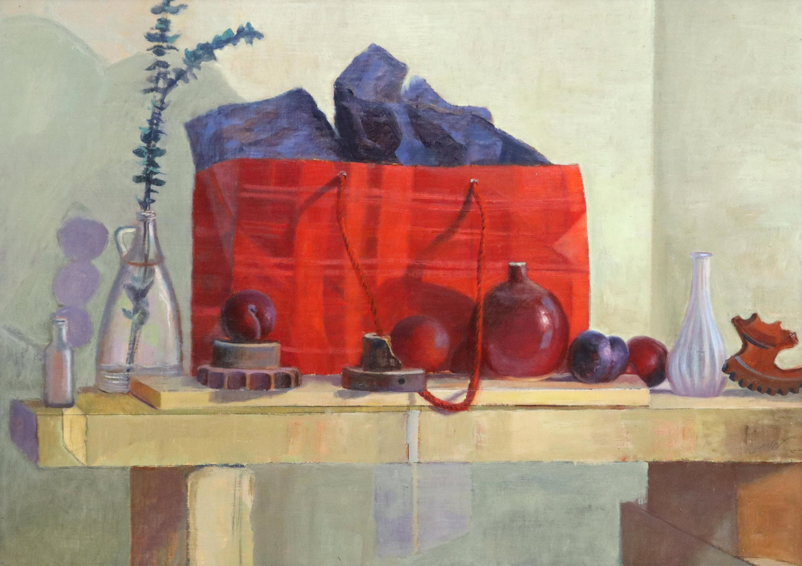 PABLO TABOADA (1955-2015) STILL LIFE, 30" X 42": Framed oil on wood panel painting, "Bolsa Roja," signed lower right Taboada (Pablo Cristian Taboada, Chile/ Texas, 1955-2015), titled on label verso, sight: approx 29.25"h, 41.5"w, overall: 36.5"h, 48