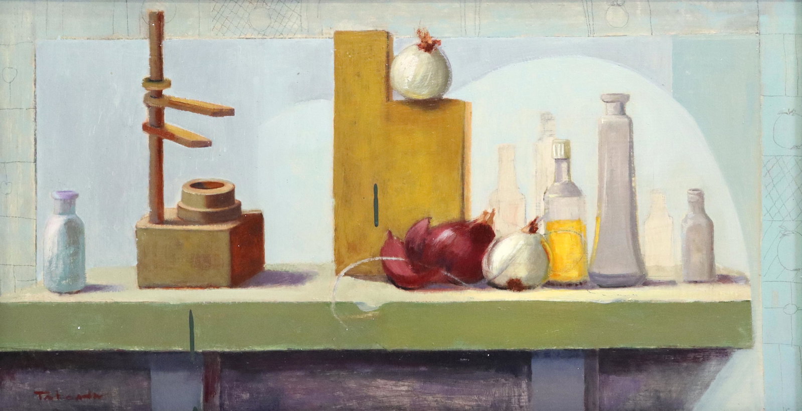 PABLO TABOADA (1955-2015) STILL LIFE, 17.75" X 34": Framed oil on board painting, "Red and White Onions," signed lower left Taboada (Pablo Cristian Taboada, Chile/ Texas, 1955-2015), titled on the verso, sight: approx 17"h, 33.25"w, overall: 25"h, 41.2