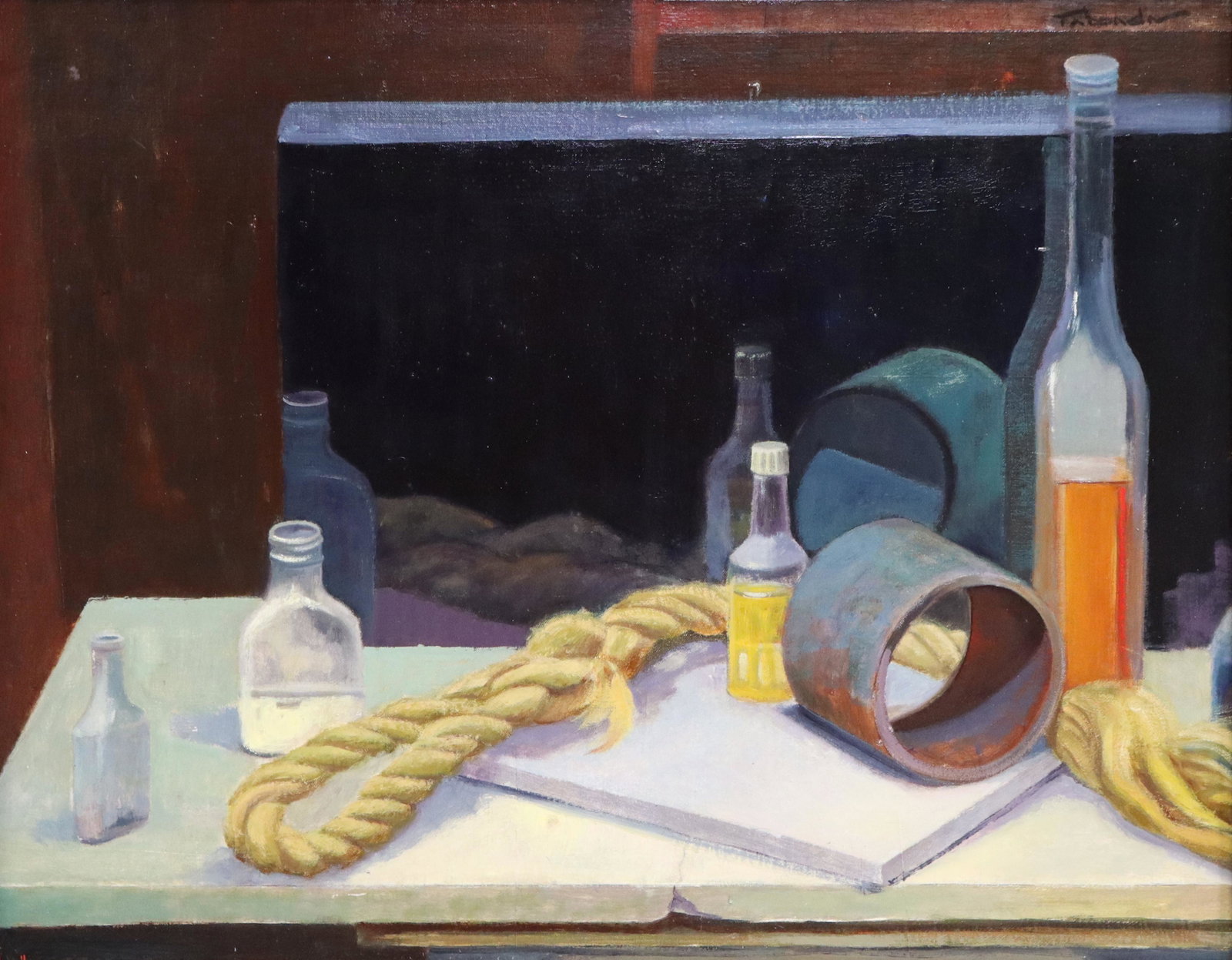 PABLO TABOADA (1955-2015) STILL LIFE, 22" X 28": Framed oil on wood panel painting, "Rope and Bottles Reflected," signed upper right Taboada (Pablo Cristian Taboada, Chile/ Texas, 1955-2015), titled on label verso, sight: approx 21.5"h, 27.5"w, over