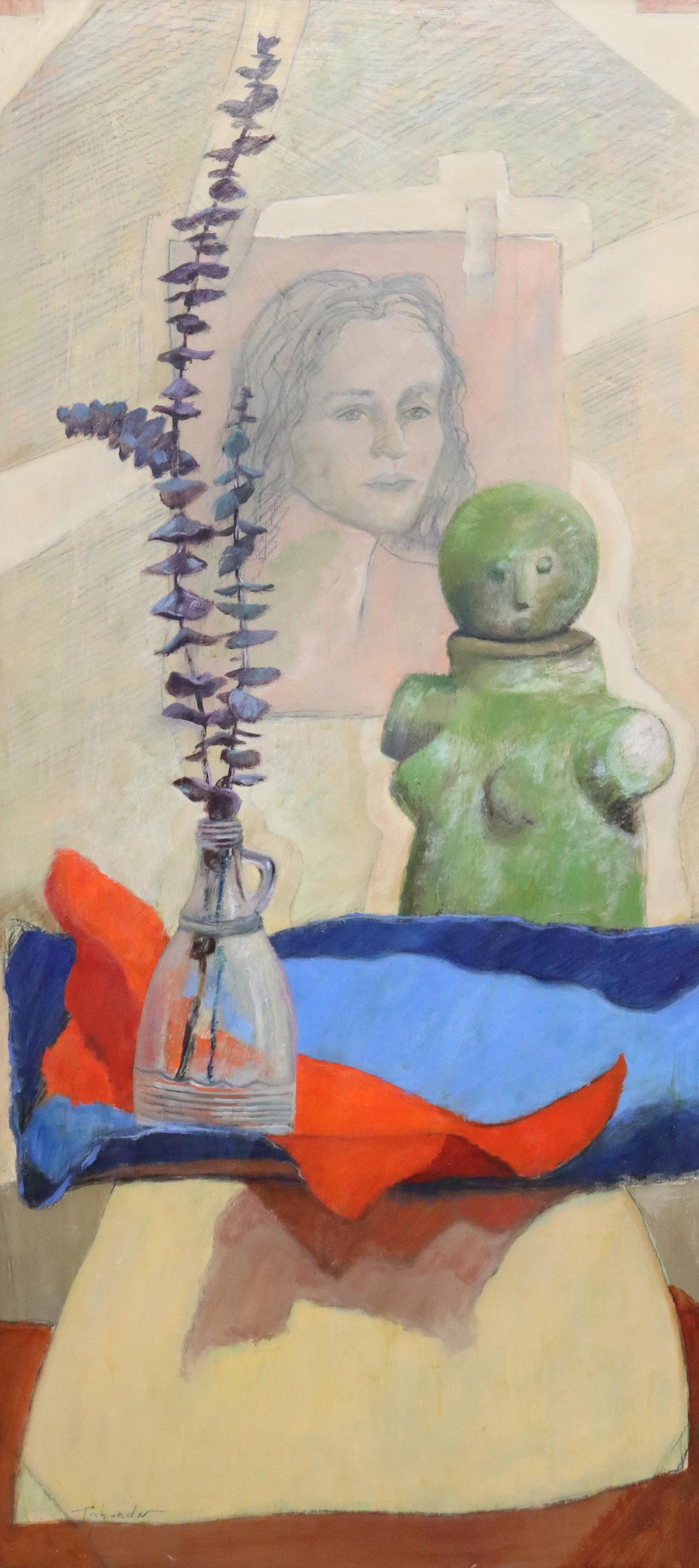 PABLO TABOADA (1955-2015) STILL LIFE, 40" X 18": Framed oil on board painting, "Red and Blue Paper and Eucalyptus," signed lower left Taboada (Pablo Cristian Taboada, Chile/ Texas, 1955-2015), titled on label verso, sight: approx 39.5"h, 17.5"w, ove