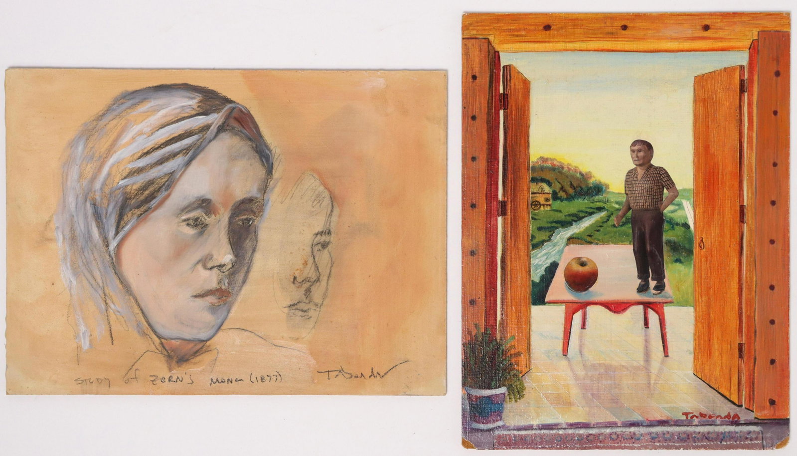 2) PABLO TABOADA (1955-2015) MIXED MEDIA PAINTINGS: (lot of 2) Unframed mixed media paintings on board, signed lower right Taboada (Pablo Cristian Taboada, Chile/ Texas, 1955-2015), including: (1) "Cut Out Man," titled verso, approx 12"h, 9"w, (1) Stud