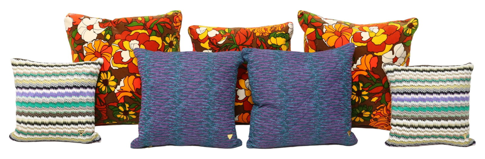 (7) PILO ASSORTED VINTAGE FABRIC THROW PILLOWS: (lot of 7) Throw pillows, Pilo, covers fashioned from vintage fabrics, all with zip closure, in various sizes, ranging from approx 18"h, 18.5"w, to approx 13.25"sq, 17lbs total **Provenance: Designer 