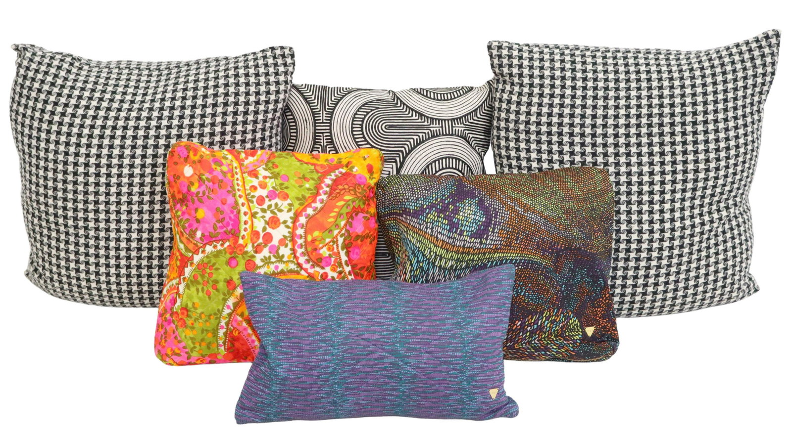 (6) PILO ASSORTED VINTAGE FABRIC THROW PILLOWS: (lot of 6) Throw pillows, Pilo, covers fashioned from vintage fabrics, all with zip closure, in various sizes, ranging from approx 22"sq, to approx 11.75"h, 19.5"w 15lbs total **Provenance: Designer C