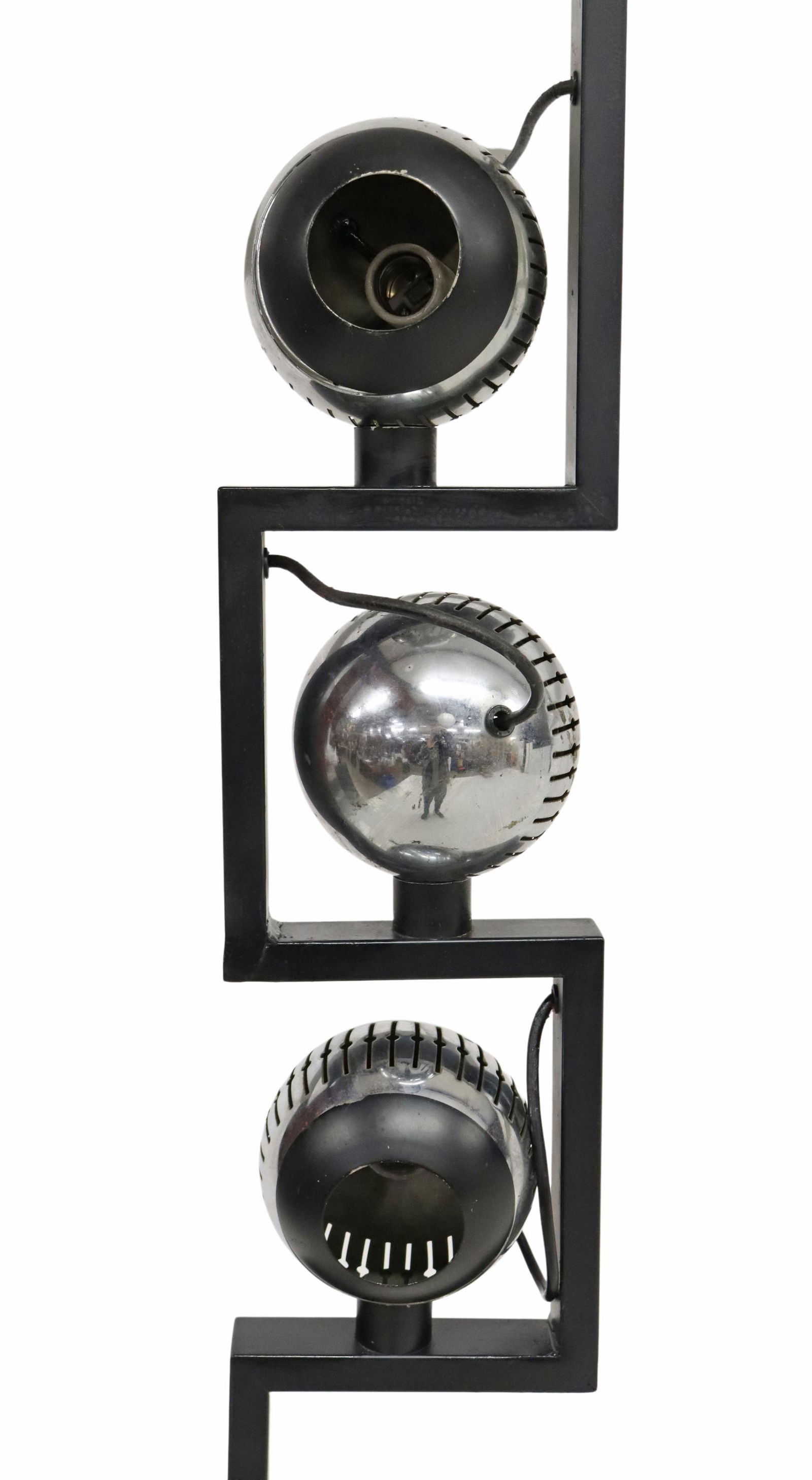 ANGELO LELII (1911-1979) ARREDOLUCE FLOOR LAMP: Modern three-light floor lamp, attributed to Angelo Lelii (Italian, 1911-1979) for Arredoluce, c.1970s, three adjustable chrome eyeball shades, steel standard, on a white marble base, in need of wirin