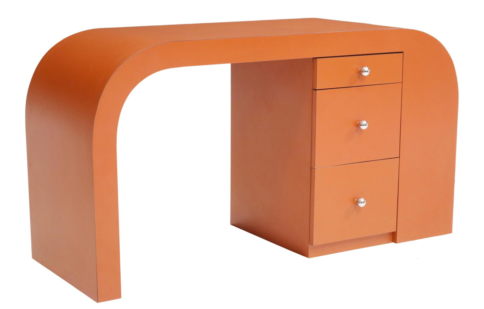 POSTMODERN ORANGE LAMINATE WATERFALL DESK: Postmodern orange laminate waterfall desk, c.1980s-1990s, three drawers, drawer interior stenciled Marc Steven's Ltd., Philadelphia, Pennsylvania, approx 29"h, 54.5"w, 20"d **Provenance: Designer Cour
