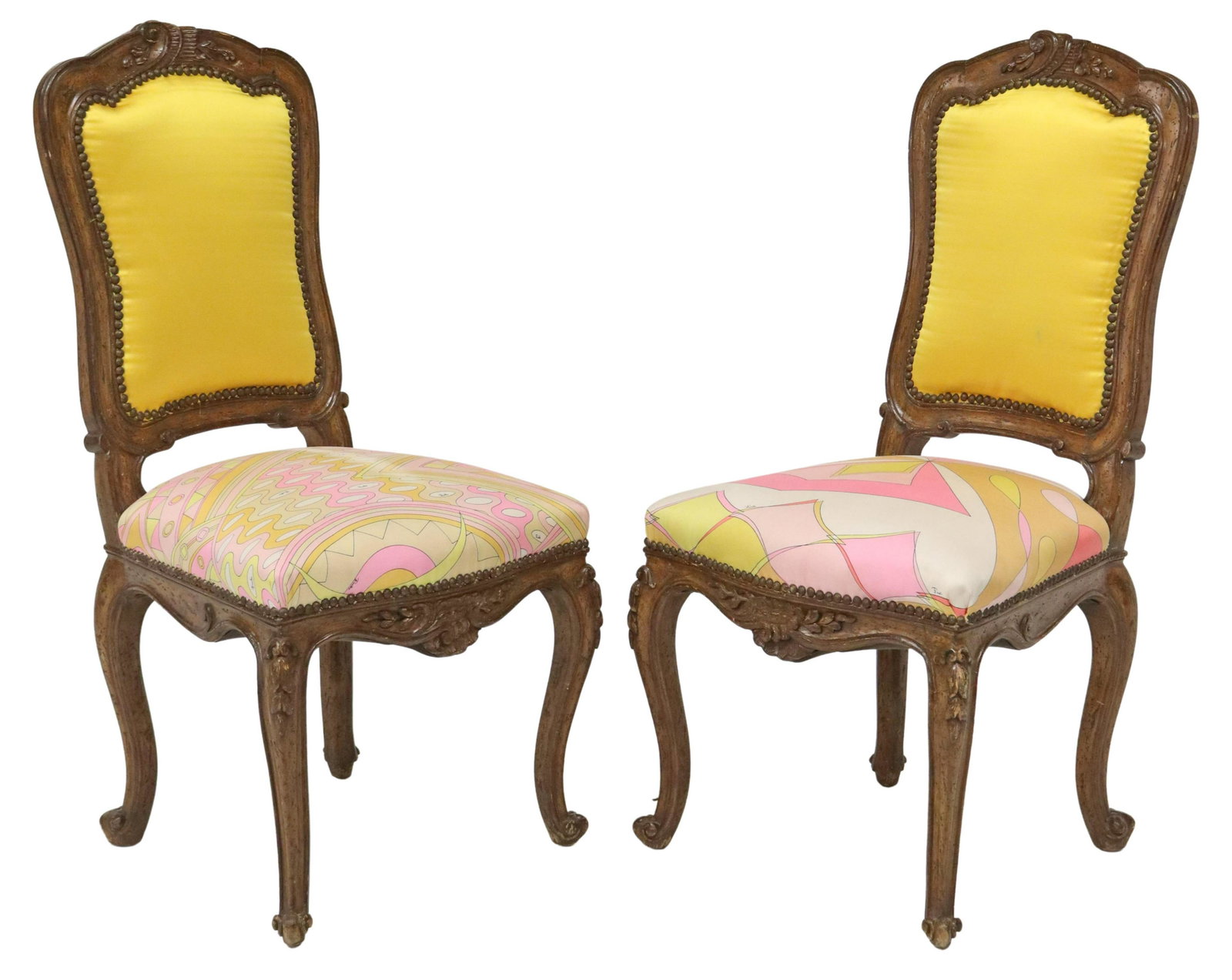 (2) LOUIS XV STYLE CHAIRS EMILIO PUCCI UPHOLSTERY: (lot of 2) Louis XV style side chairs, late 20th c., seats upholstered in Emilio Pucci (Italian, 1914-1992) silk scarves, rising on cabriole legs, ending in whorl feet, approx 40"h, 20"w, 20"d, seat h