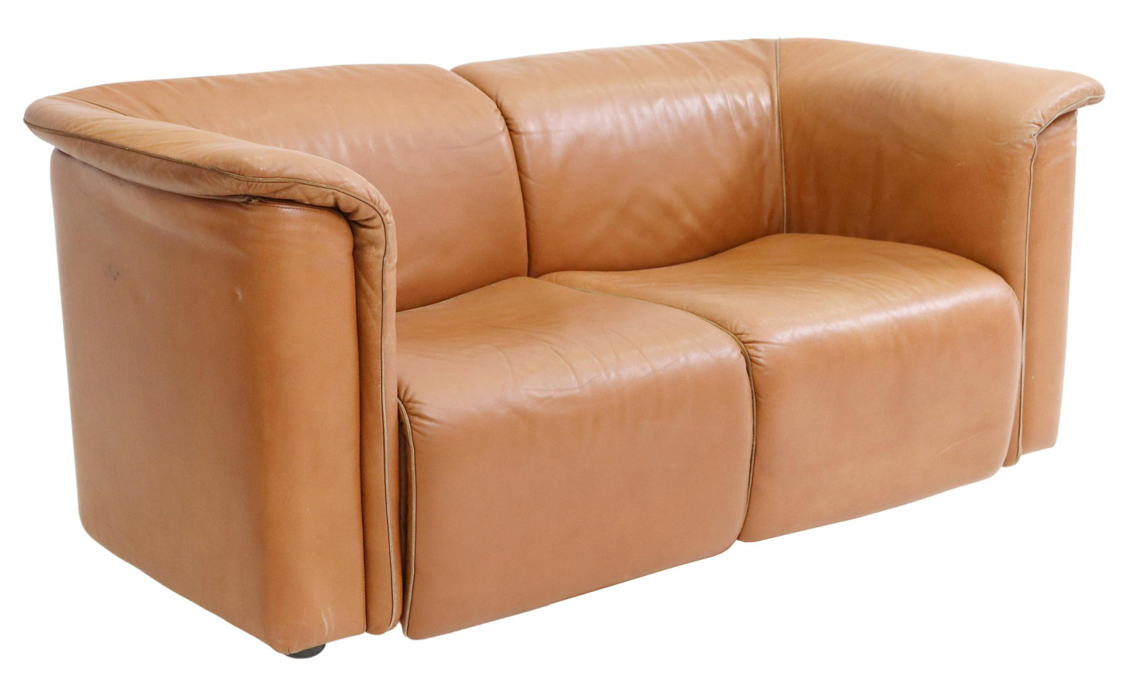 WITTMANN HOCHBARETT BROWN LEATHER TWO-SEAT SOFA: Modern "Hochbarett" leather two-seat sofa, Karl Wittmann for Wittmann Mobelwerkstatten, Austria, c.1970s-1980s, some creasing and wear to leather, approx 28"h, 63"w, 32"d, seat height: 15.5"h **Proven