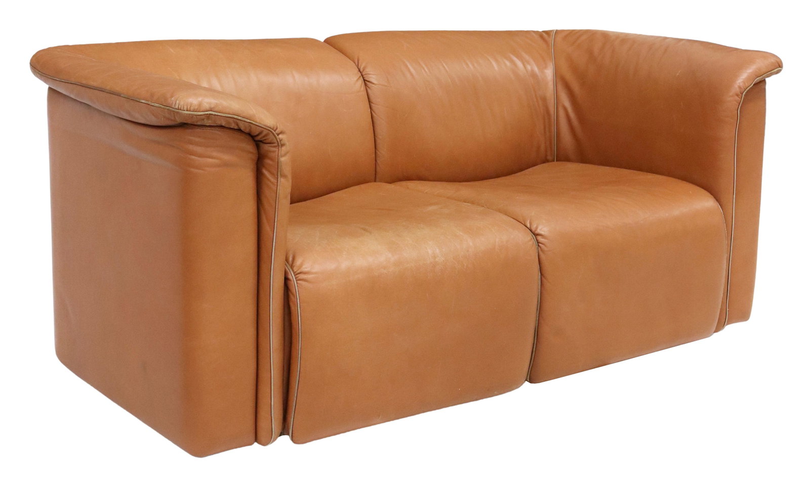 WITTMANN HOCHBARETT BROWN LEATHER TWO-SEAT SOFA: Modern "Hochbarett" leather two-seat sofa, Karl Wittmann for Wittmann Mobelwerkstatten, Austria, c.1970s-1980s, some creasing and wear to leather, approx 28"h, 63"w, 32"d, seat height: 15.5"h **Proven