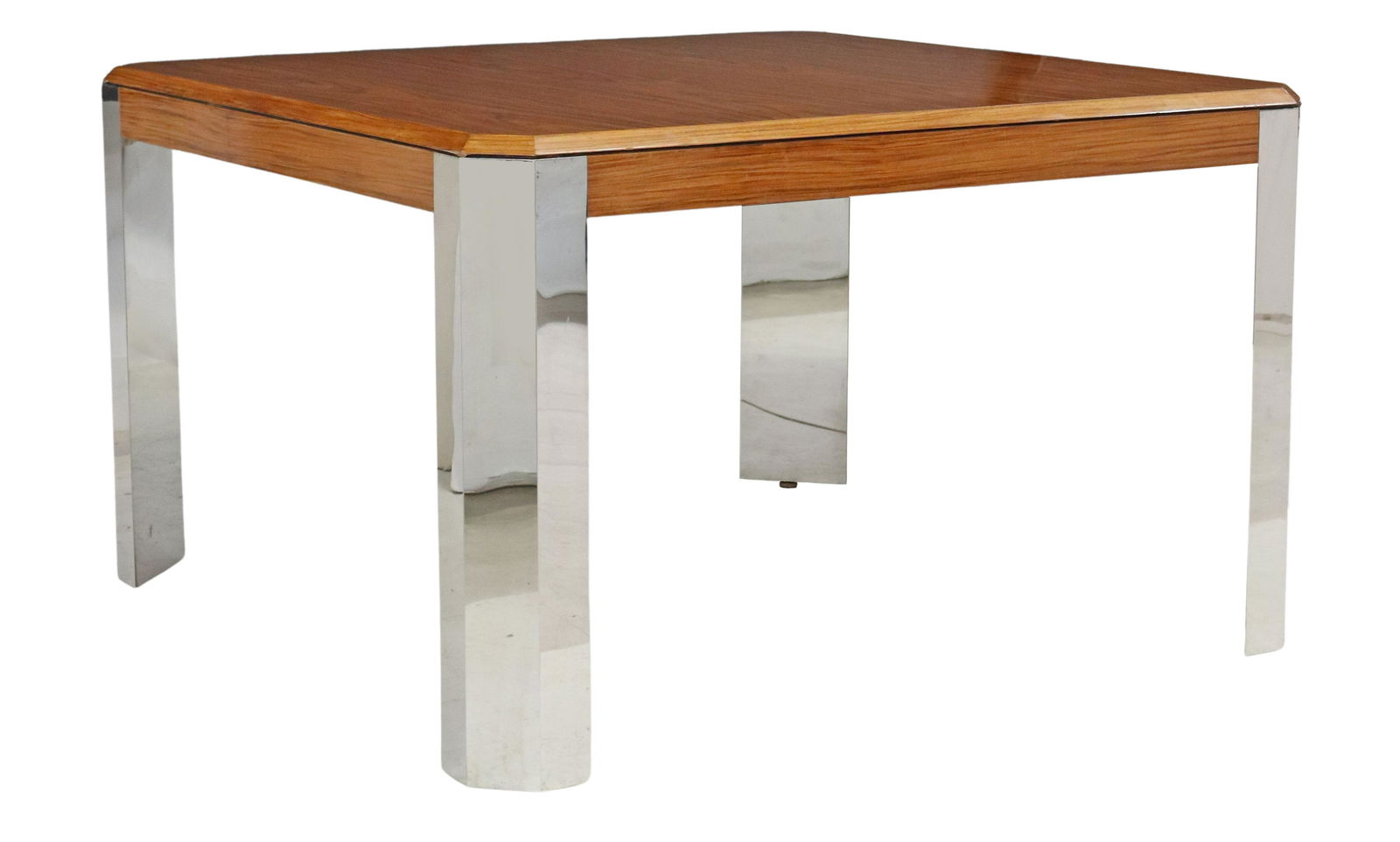 LEON ROSEN STYLE MODERN ROSEWOOD SQUARE TABLE: Modern rosewood dining table, in the manner of Leon Rosen for Pace Collection, c.1970s-1980s, square top with chamfered corners, rising on chromed finish legs, approx 29.5"h, 48"w, 48"d **Provenance: