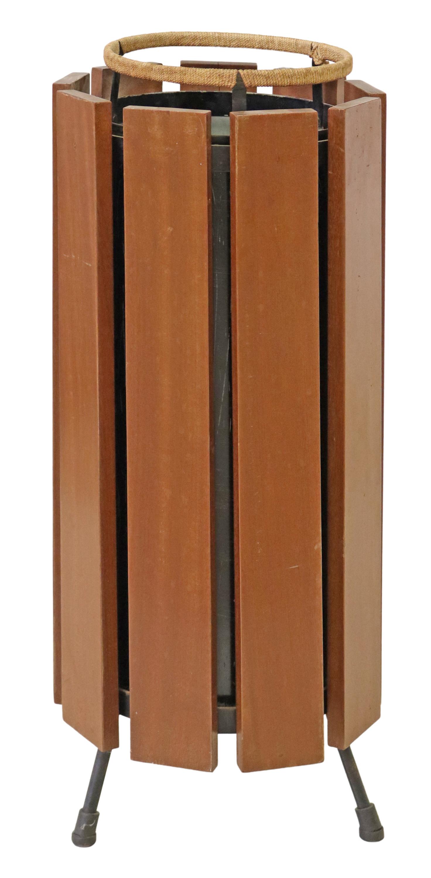 ITALIAN MID-CENTURY MODERN UMBRELLA STAND: Italian mid-century modern umbrella stand, c.1950s, metal insert, frame composed of teak slats, approx 24.5"h, 9.5"diam Start Price: $60.00