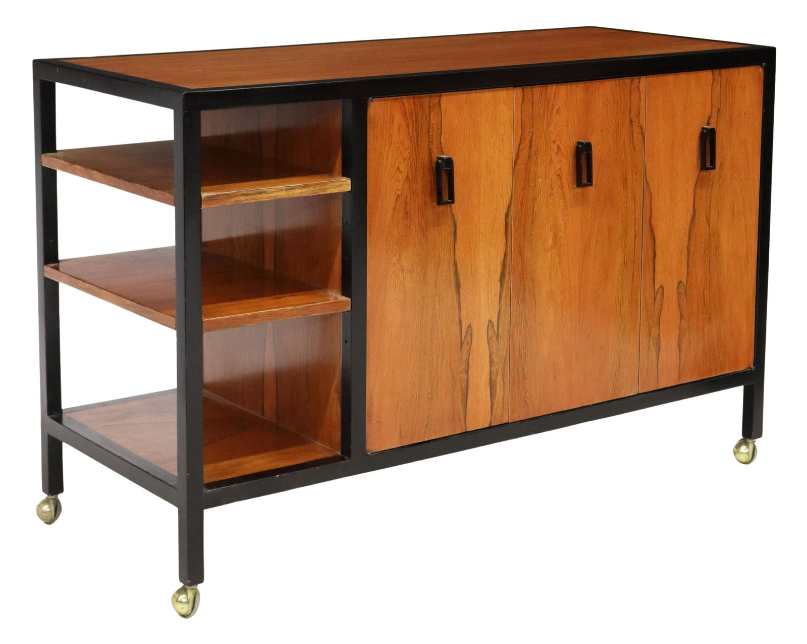 SCANDINAVIAN MID-CENTURY MODERN ROSEWOOD SERVER: Scandinavian mid-century modern rosewood server, c.1960s, finished on all sides, single and bifold cabinet doors, flanked by open shelves, pull-out work surface, on casters, approx 31"h, 48"w, 19.5"d 