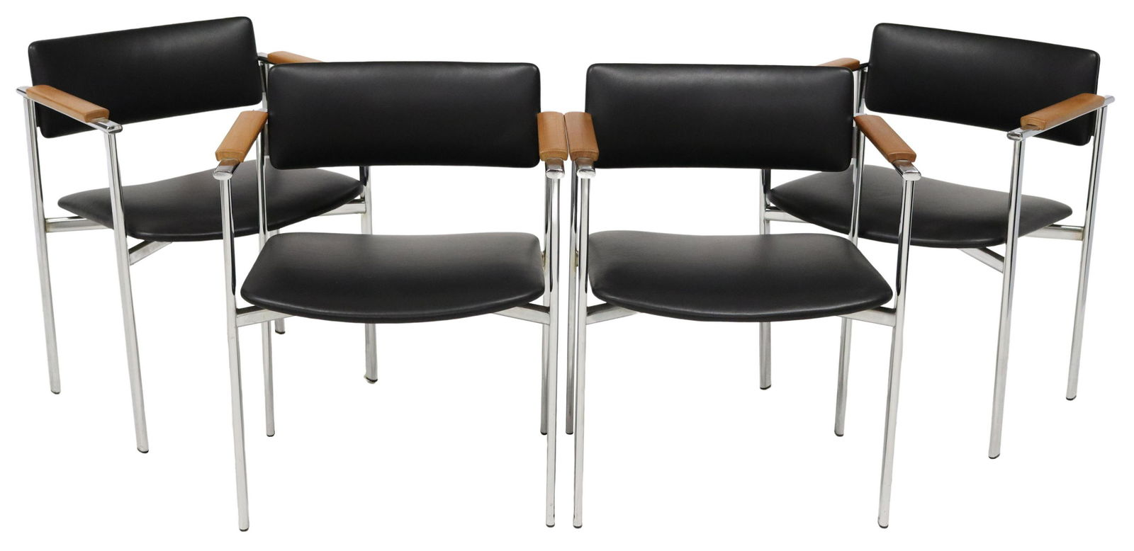 (4) ILMARI TAPIOVAARA STENDIG 'KIKI' ARMCHAIRS: (lot of 4) Modern "Kiki" armchairs, Ilmari Tapiovaara (Finnish, 1914-1999) for Stendig, 20th c., chromed steel frame, wood armrests, upholstered back and seat, approx 29.5"h, 23.5"w, 19"d, seat height