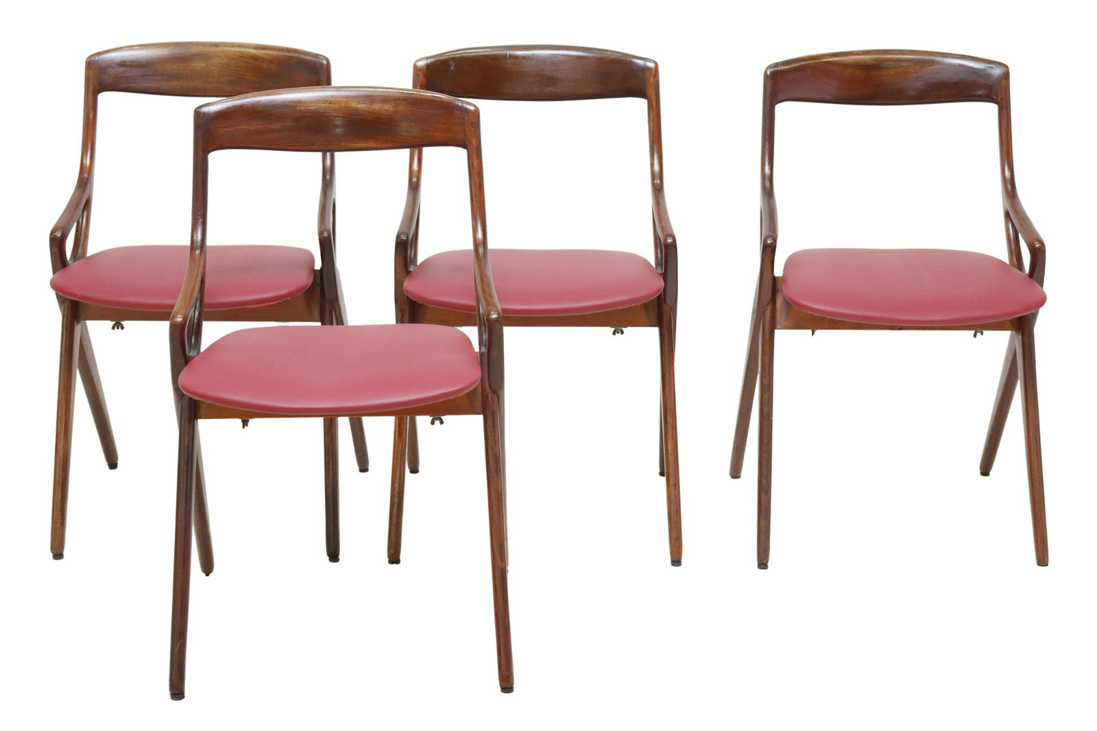 (4) ARNE HOVMAND-OLSEN (1919-1989) DINING CHAIRS: (lot of 4) Mid-century modern sculptural dining chairs, attributed to Arne Hovmand-Olsen (Danish, 1919-1989), c.1950s, open armrests, upholstered seat, rising on tapered legs, approx 31.5"h, 18.25"w,