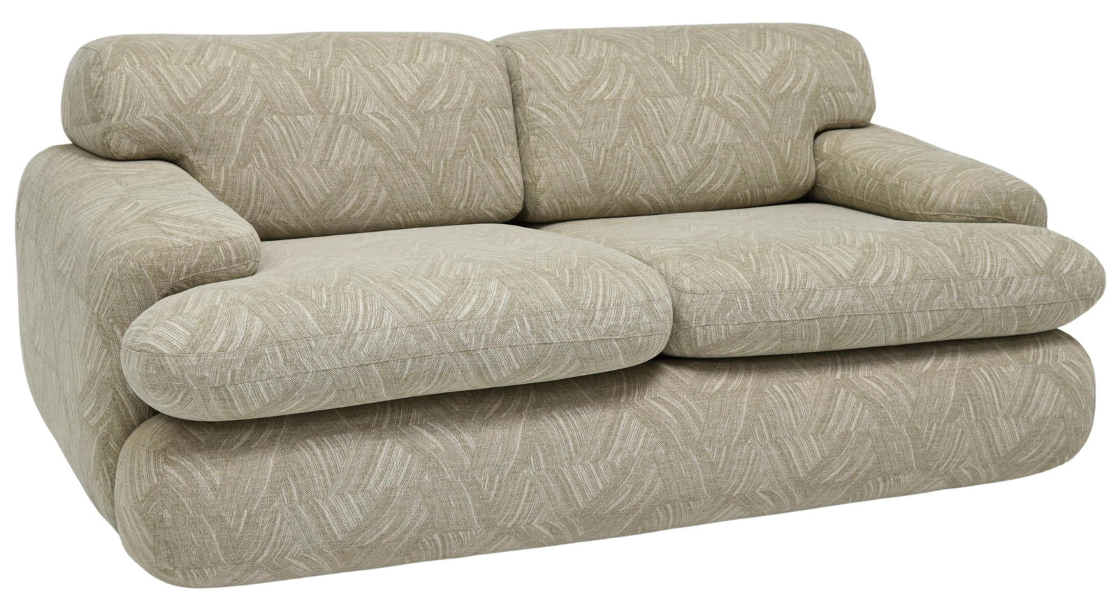POSTMODERN FABRIC UPHOLSTERED TWO-SEAT SOFA: Postmodern two-seat sofa, c.1980s, in an organic patterned fabric upholstery, removable interlocking seat cushions, rising on black cylindrical legs, approx 28"h, 64.5"w, 35.5"d, seat height: 18"h **P