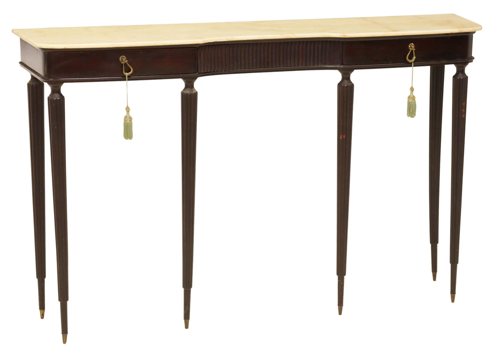 ITALIAN MID-CENTURY MODERN EBONIZED CONSOLE TABLE: Italian mid-century modern console table, c.1950s, having shaped marble top, over ebonized frame, central reeded apron flanked by a drawer to either side, rising on fluted and tapered legs, approx 33.