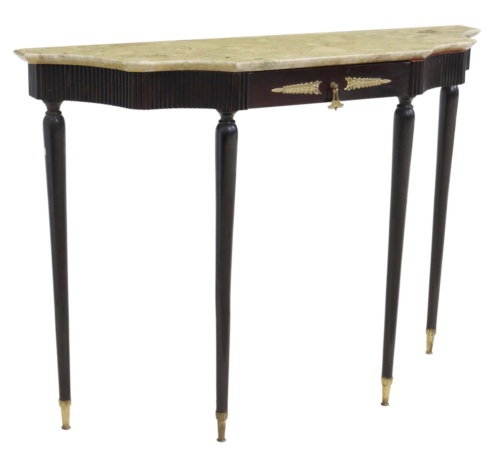 ITALIAN MID-CENTURY MODERN EBONIZED CONSOLE TABLE: Italian mid-century modern console table, c.1950s, having shaped marble top, over ebonized and reeded frame, fitted with single drawer, gilt metal mounts, rising on tapered legs, ending on capped feet