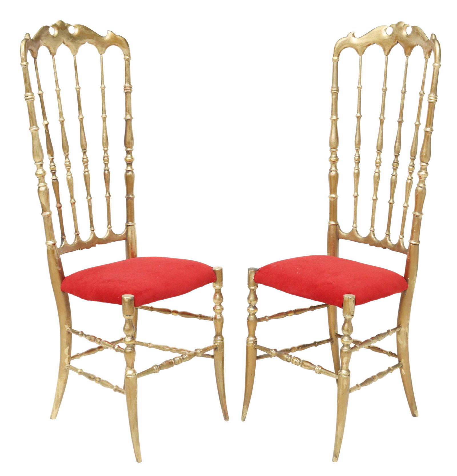 (2) ITALIAN CHIAVARI GILTWOOD HALL CHAIRS: (pair) Italian Chiavari giltwood hall chairs, early 20th c., having shaped crest, over spindled back, seat in red upholstery, rising on stretcher-joined splayed legs, approx 46"h, 16"w, 16.75"d, seat