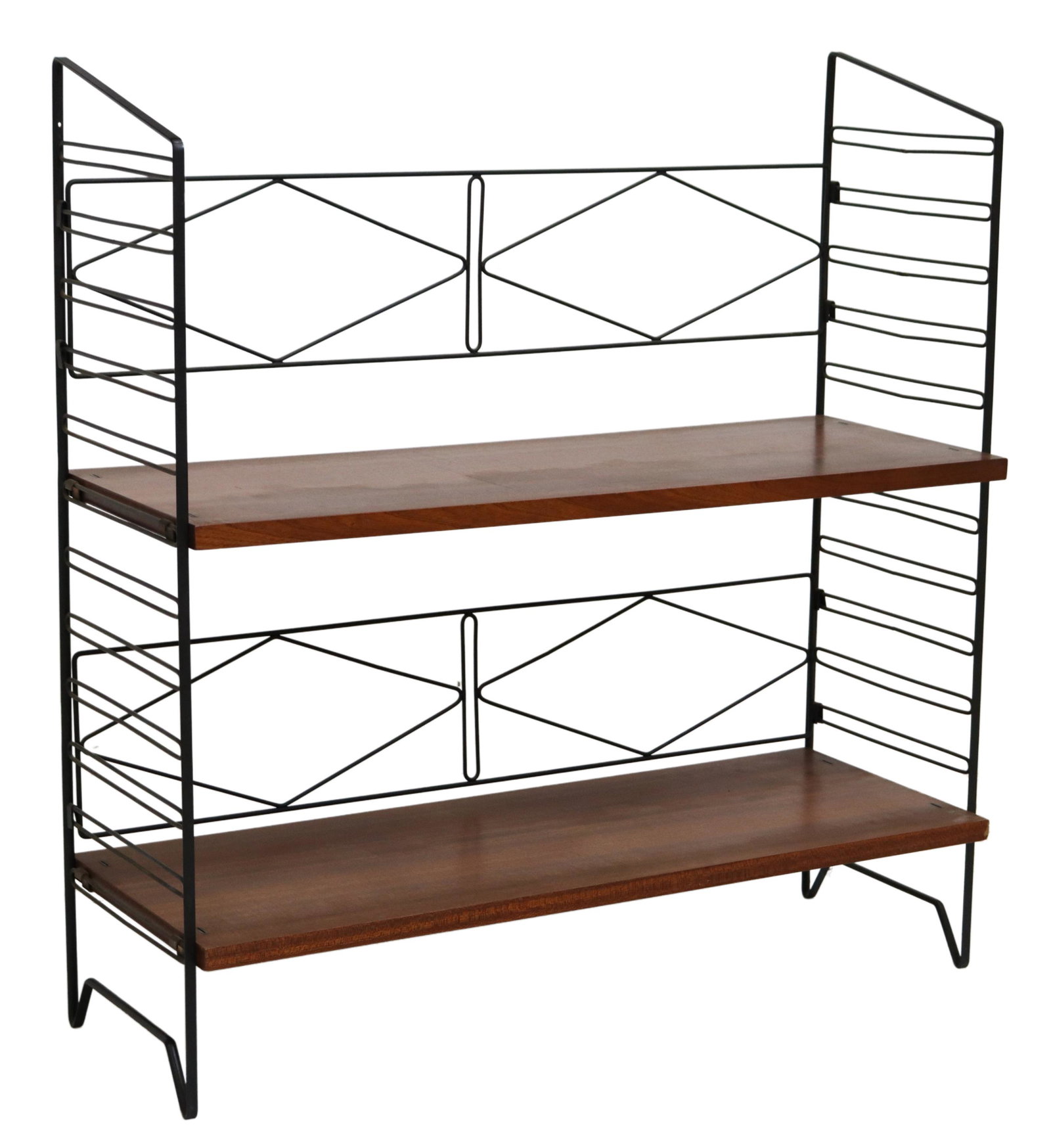 ITALIAN MID-CENTURY MODERN BOOKCASE: Italian mid-century modern bookcase, c.1950s, having two teak shelves, on wire and steel supports, approx 34"h, 32.5"w, 12"d Start Price: $100.00