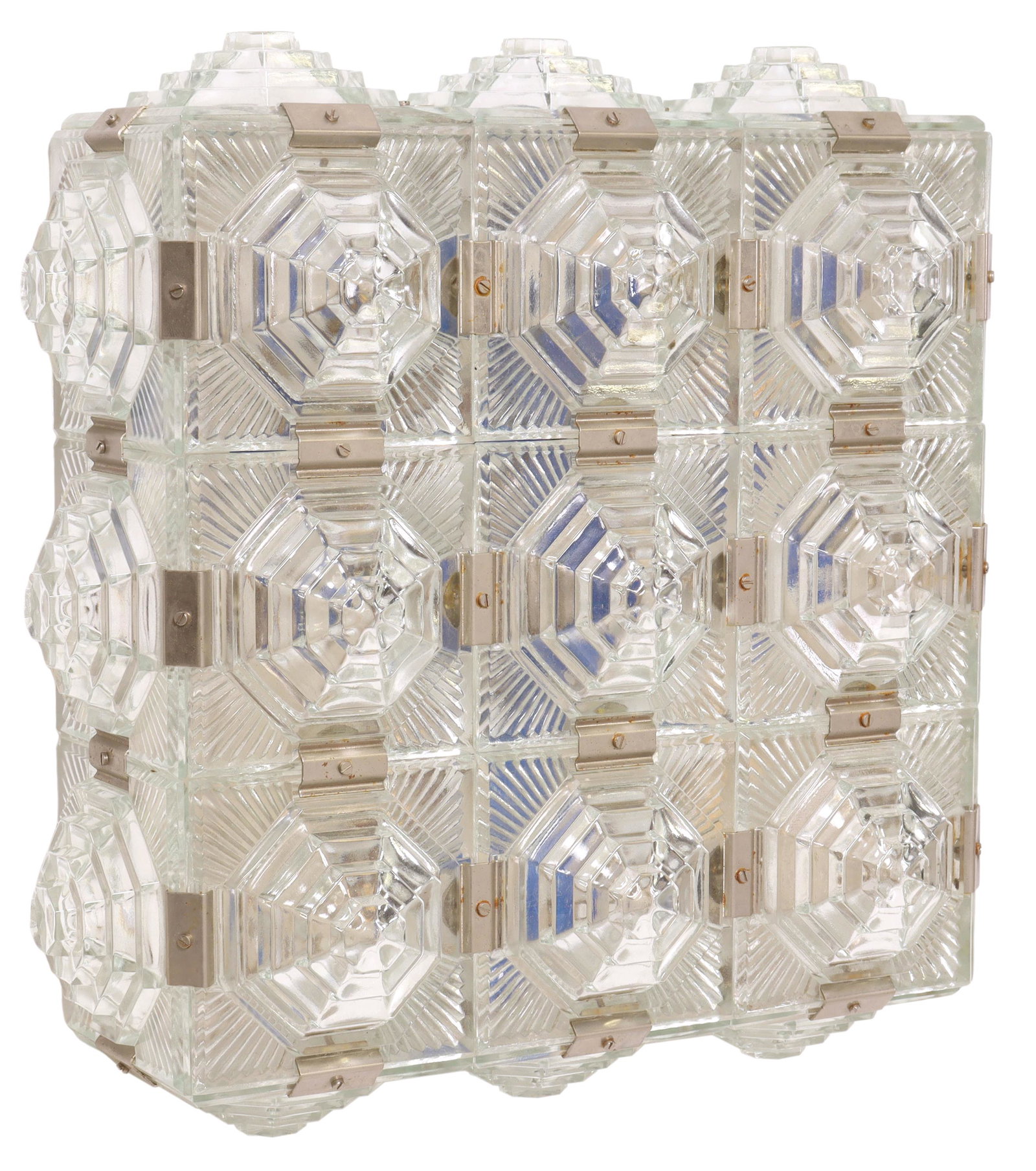 MID-CENTURY MOLDED GLASS FLUSH MOUNT CEILING LIGHT: Mid-century modern molded glass four-light flush-mount ceiling light, attributed to Kamenicky Senov, Czechoslovakia, c.1960s, tiled with successive octagonal pyramids, on geometric ground, in need of 