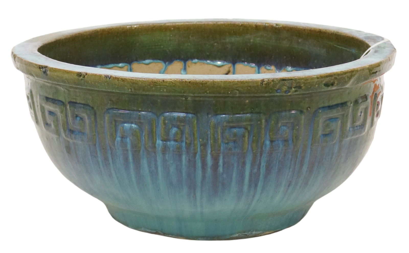 CONTEMPORARY GLAZED EARTHENWARE GARDEN PLANTER: Contemporary earthenware garden planter, glazed in greens and blues, having wide rim, over Greek key motif in relief, approx 11.25"h, 24"diam Start Price: $100.00