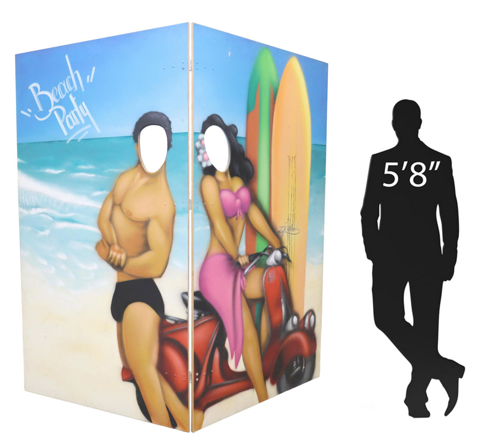 LOFT ATELIER LARGE 'BEACH PARTY' PHOTO PROP: Large spray paint on board "Beach Party" photo prop, signed to right Alberti and Loft Atelier, 20th c., featuring male and female figures at the beach with cut outs, one panel: approx 86.5"h, 47.5"w,