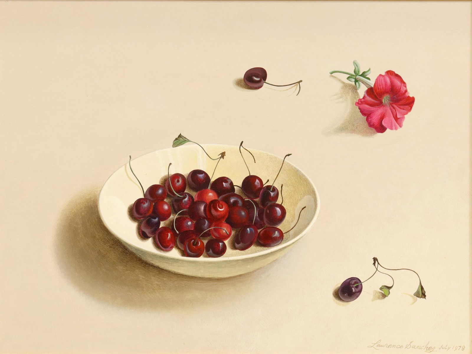 LAWRENCE SANCHEZ (20TH C.) 'DISH OF CHERRIES': Framed painting on Masonite, "Dish of Cherries," signed lower right Lawrence Sanchez (20th c.), dated July 1978, titled verso, sight: approx 17.5"h, 23.5"w, overall: 25.5"h, 31.5"w, 11.5lbs Start Pric