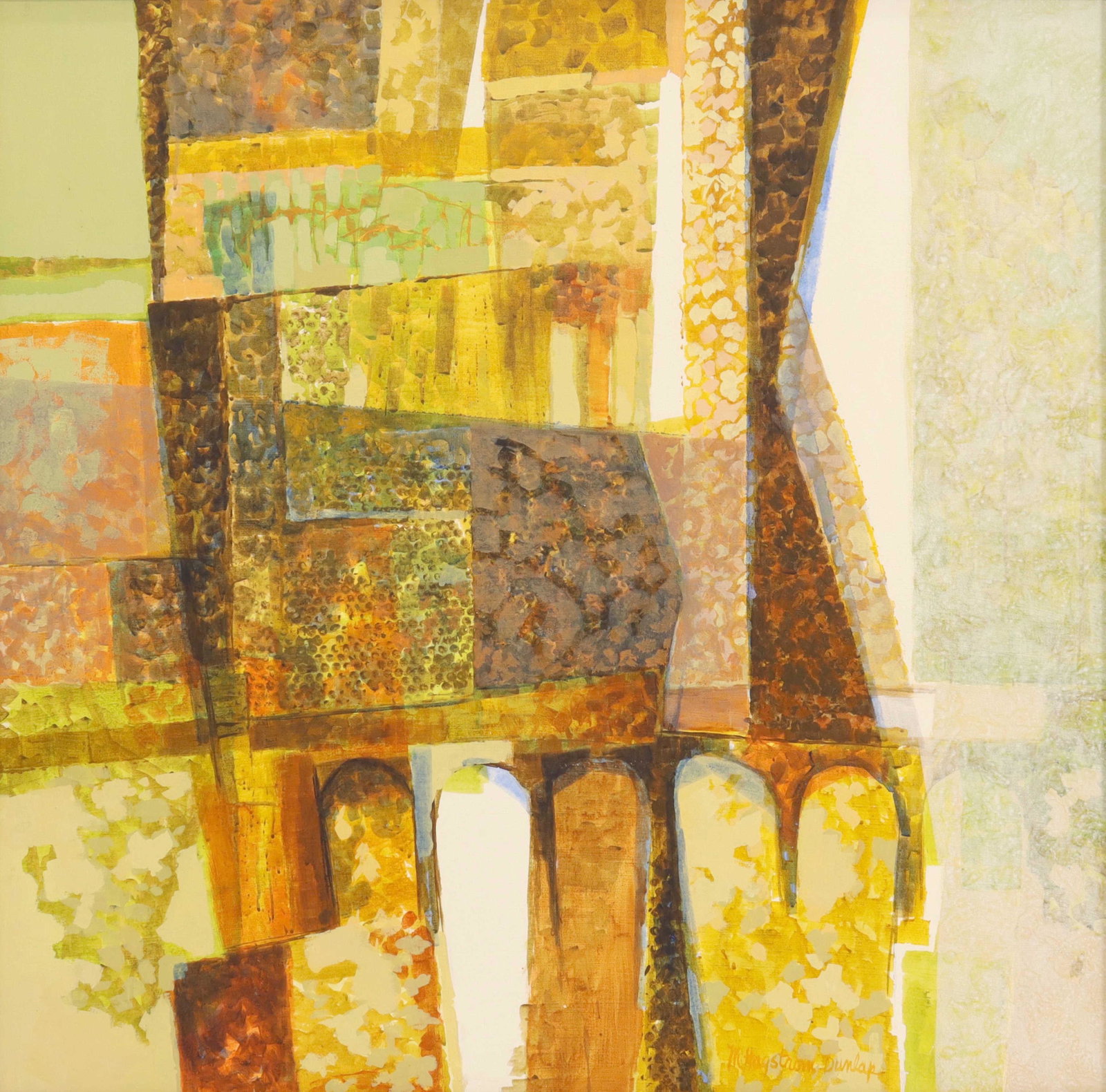 M. HAGSTROM DUNLAP (D.2000) PAINTING, 44" X 44": Framed painting on canvas, Facade with Arcade, signed lower right M. Hagstrom Dunlap (Margaret Hagstrom Dunlap, American, 1921-2000), sight: approx 43.5"h, 43.5"w, overall: 49"h, 49"w, 22lbs Start Pri