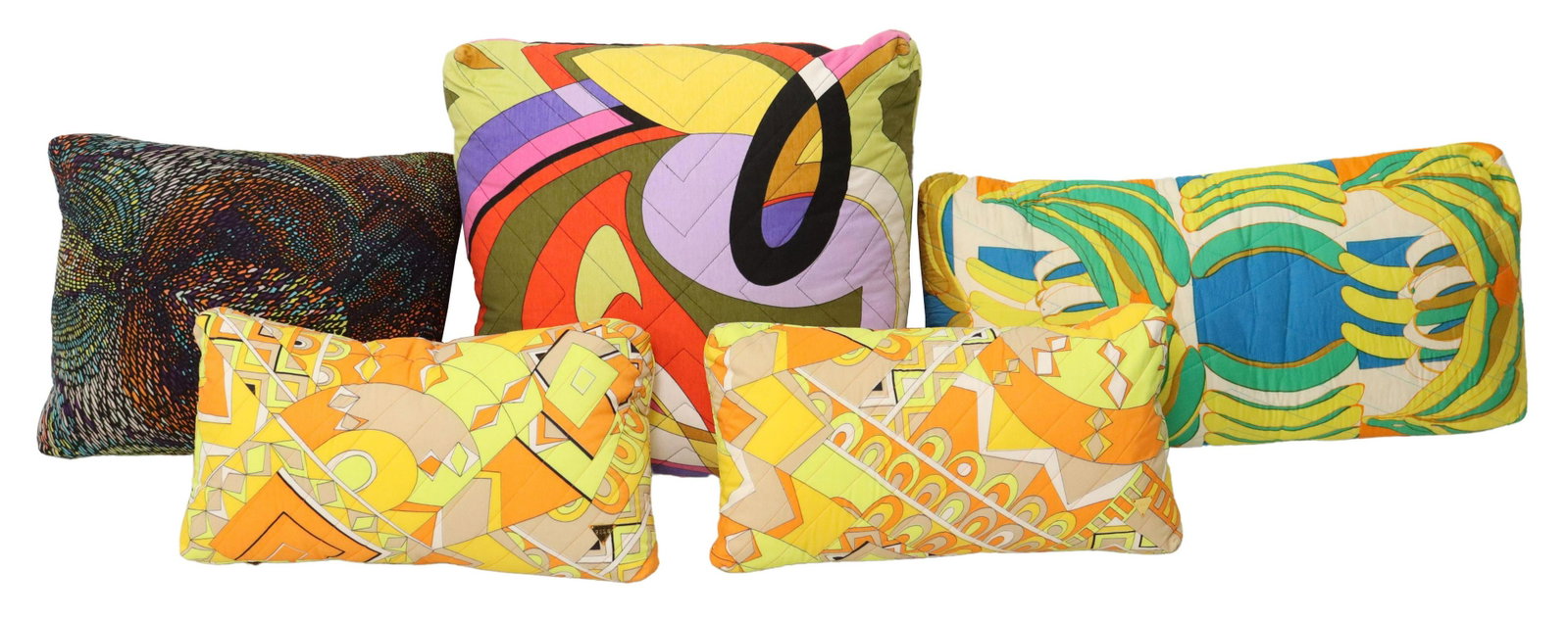 (5) PILO ASSORTED VINTAGE FABRIC THROW PILLOWS: (lot of 5) Throw pillows, Pilo, covers fashioned from vintage fabrics, all with zip closure, in various sizes, (one) marked to fabric, with some spotting, ranging from approx 20"sq, to approx 10"h, 18