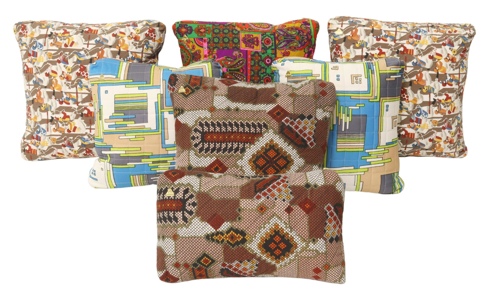 (7) THROW PILLOWS MADE FROM VINTAGE FABRICS: (lot of 7) Decorative throw pillows, Pilo, fashioned from vintage fabrics, smallest: approx 10" x 17.5", largest: approx 16.5" x 17" **Provenance: Designer Courtney Blanton's CBI Studio collection, Au