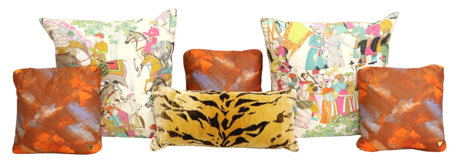 (6) PILO ASSORTED VINTAGE FABRIC THROW PILLOWS: (lot of 6) Throw pillows, Pilo, covers fashioned from vintage fabrics, all with zip closure, in various sizes, ranging from approx 22"sq, to approx 14"sq, 15lbs total **Provenance: Designer Courtney B