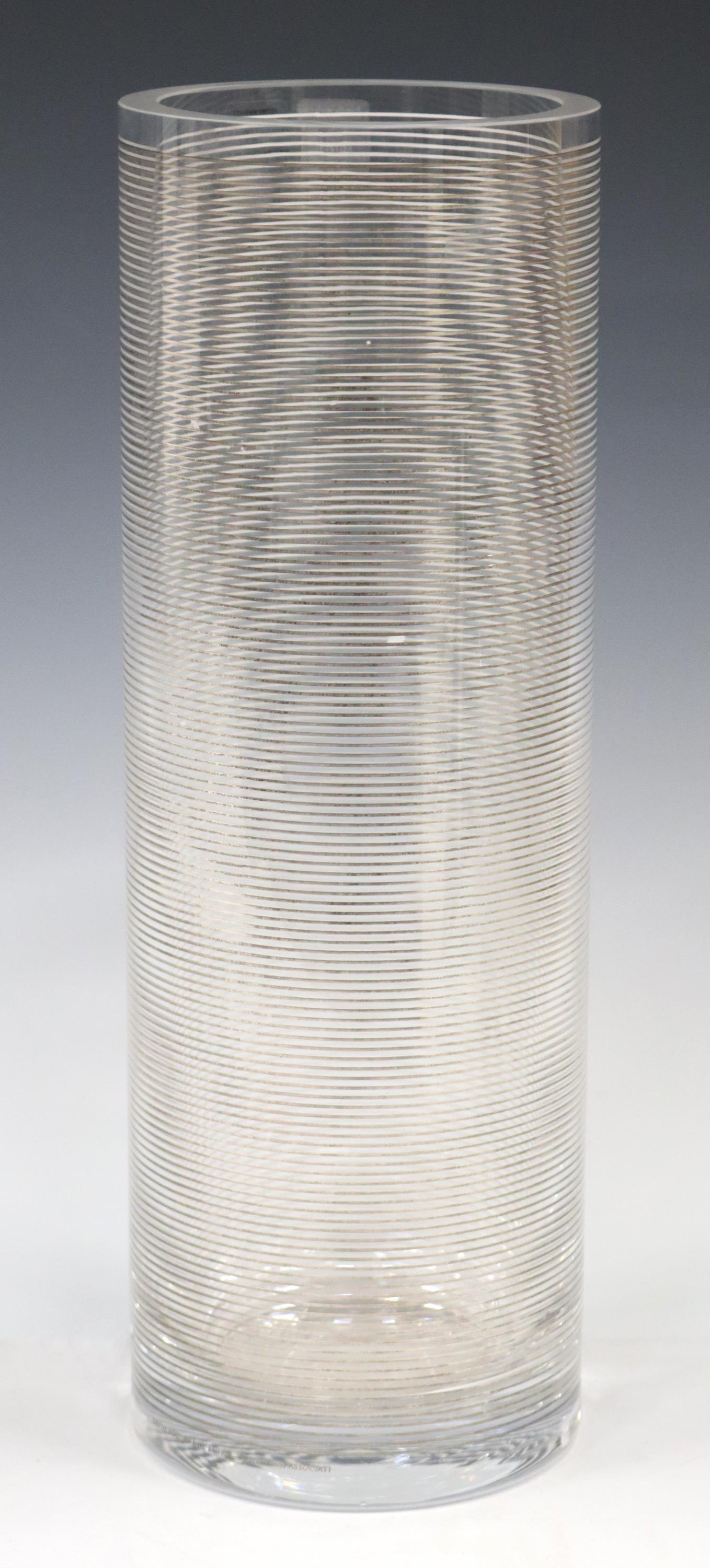 DEFNE KOZ HWC EGIZIA SOTTSASS ASSOCIATI GLASS VASE: Italian Postmodern cylindrical glass vase, Defne Koz for hwc Egizia by Sottsass Associati, with silk screened silver linear pattern, approx 13.75"h, 4.75"diam, 7lbs **Provenance: Designer Courtney Bla