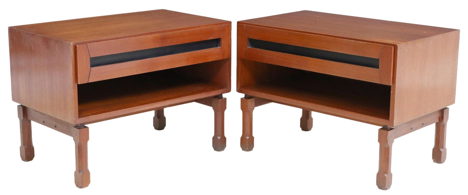 (2) ITALIAN MID-CENTURY MODERN NIGHTSTANDS: (pair) Italian mid-century modern bedside cabinets, c.1960s, each with rectangular top, over single drawer, above open storage compartment, rising on shaped supports, approx 17.5"h, 24"w, 15"d Start P
