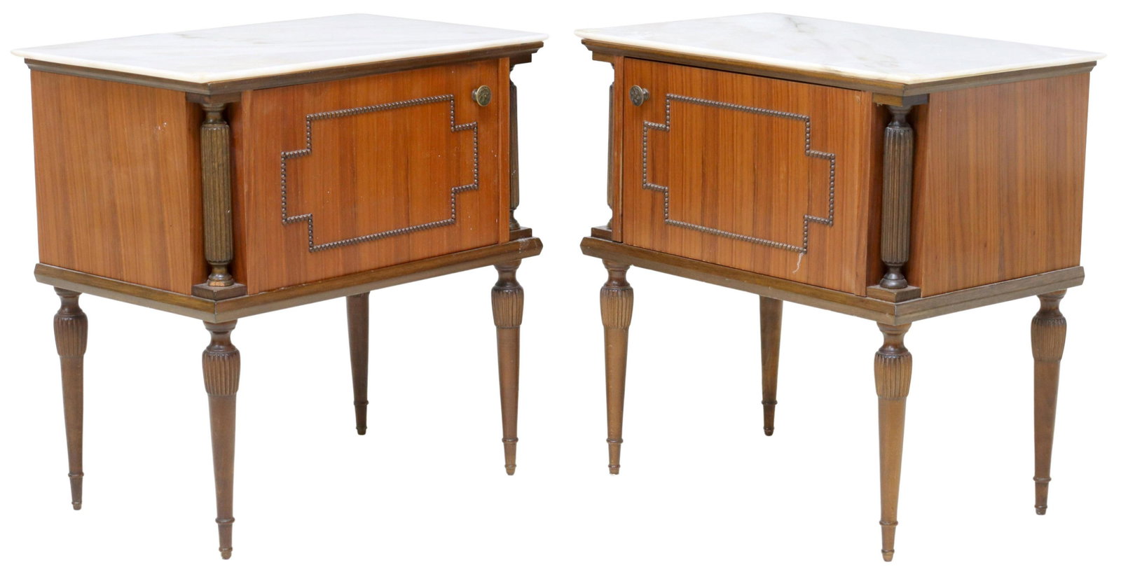 (2) ITALIAN MID-CENTURY MODERN BEDSIDE CABINETS: (pair) Italian mid-century modern bedside cabinets, c.1950s, having marble top, over single beaded cabinet, flanked by fluted side supports, rising on tapered legs, approx 22.25"h, 21.75"w, 13.5"d Sta
