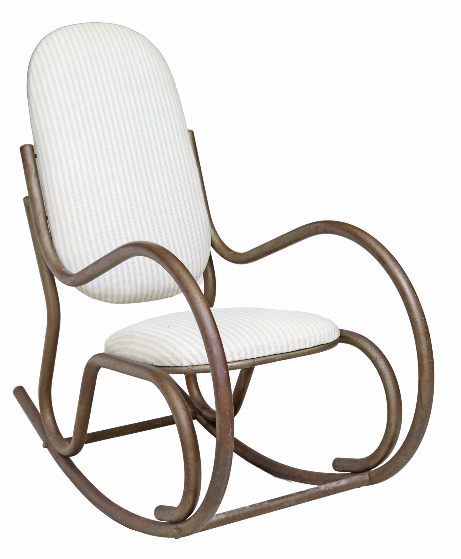 MID-CENTURY MODERN TUBULAR METAL ROCKING CHAIR: Mid-century modern tubular metal rocking chair, c.1960s, having padded back and seat in striped fabric upholstery, rising on curvilinear metal frame, approx 41"h, 20"w, 39"d, seat height: 17"h Start P