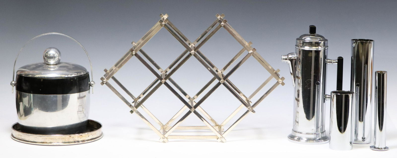 (7) METAL BARWARE, COCKTAIL SHAKER, ICE BUCKET: (lot of 7) Vintage metal barware, including: (1) tabletop wine rack, approx 13.5"h, 19.5"w, 6"d, (1) Art Deco cocktail shaker, marked underfoot stainless chrome, approx 12.5"h, (1) Kromex ice bucket,