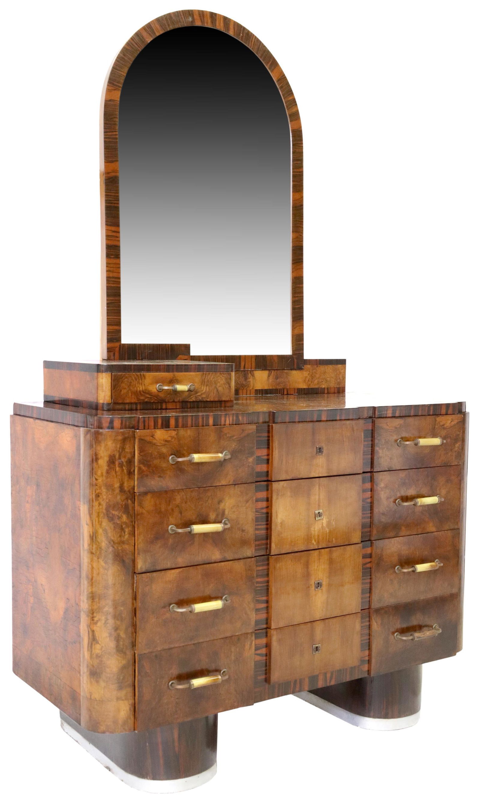 ITALIAN ART DECO BURLWOOD MIRRORED COMMODE: Italian Art Deco burlwood mirrored commode, c.1930s, having beveled mirror, over top drawer, shaped case fitted with four drawers, rising on curved pedestal supports, some small losses to veneer, ligh