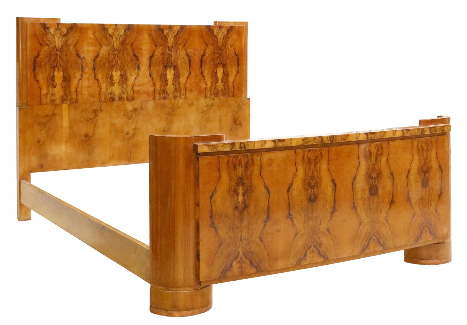 ITALIAN ART DECO BURLWOOD BED: Italian Art Deco burlwood bed, c.1930s, shaped frame, on half-barrel form front legs, exterior: approx 52"h, 87.75"l, 69.75"w, interior: approx 77"l, 67"w Start Price: $150.00