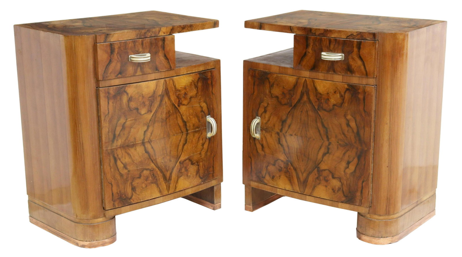 (2) ITALIAN ART DECO FIGURED WALNUT NIGHTSTANDS: (pair) Italian Art Deco figured walnut bedside cabinets, c.1930s, having cantilever top, over single drawer beside open shelf, above single cabinet door, open interior, rising on base with copper trim