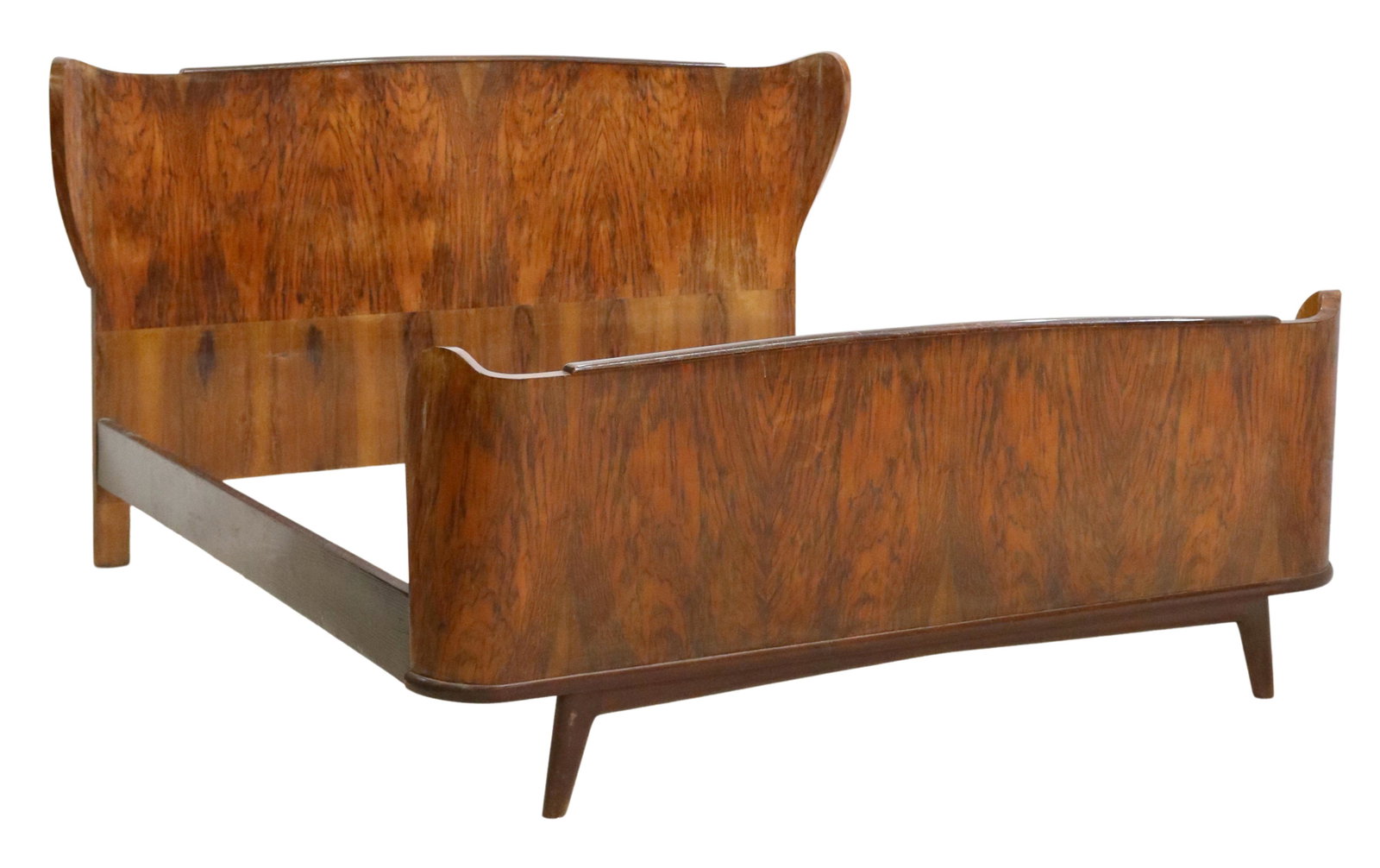 ITALIAN MID-CENTURY MODERN BURLWOOD WINGBACK BED: Italian mid-century modern burlwood bed, c.1950s, in a wingback frame, rising on tapered front legs, exterior: approx 42"h, 81"l, 75"w, interior: approx 73"l, 64.5"w Start Price: $150.00