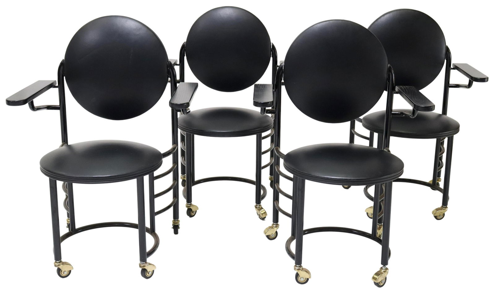 (4) CASSINA FRANK LLOYD WRIGHT JOHNSON WAX CHAIRS: (lot of 4) Johnson Wax office chairs, after a design by Frank Lloyd Wright (American, 1867-1959), manufactured by Cassina, Italy, late 20th c., painted steel tubular frame, wood armrests, tilting back