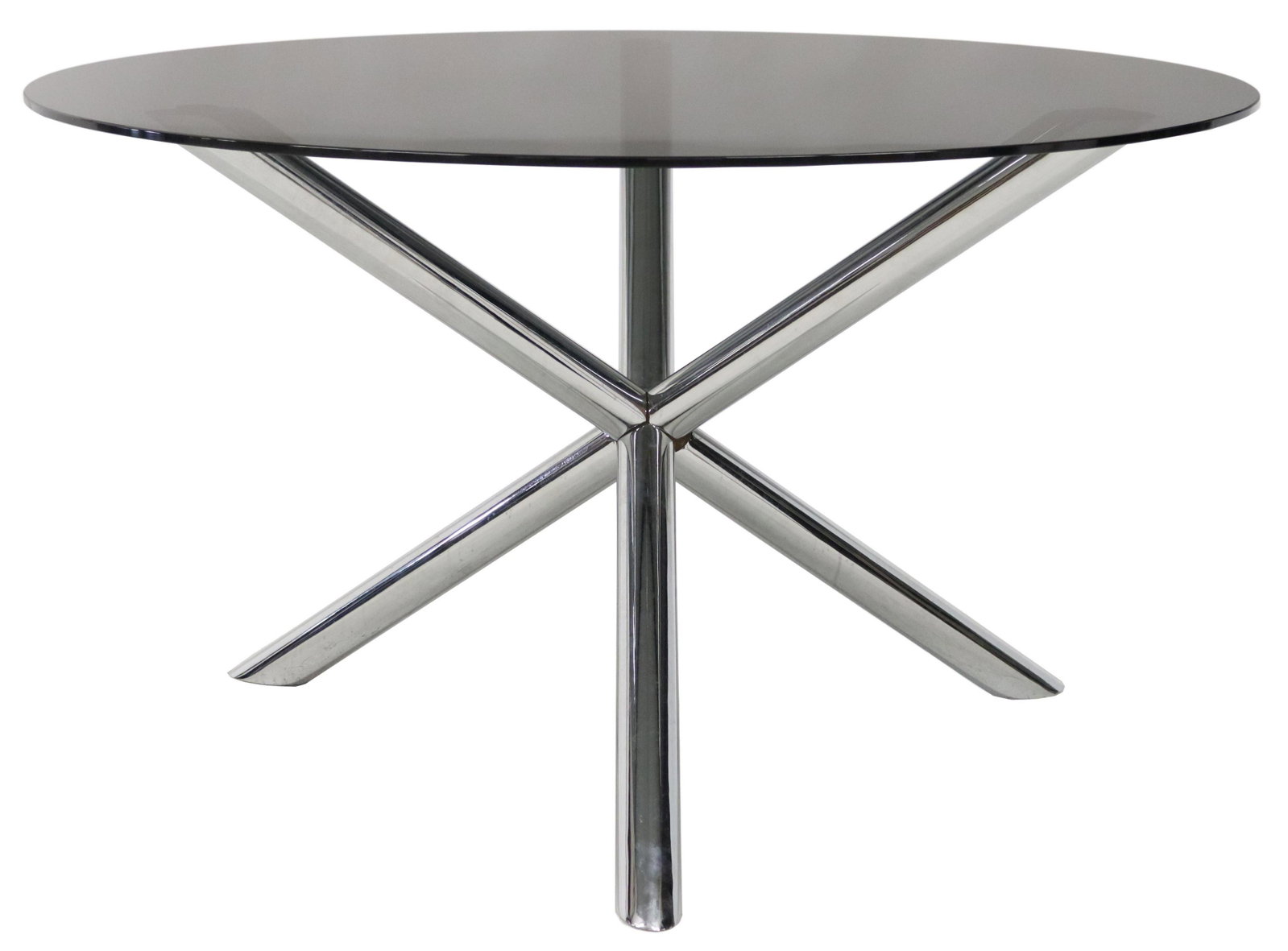 ITALIAN MODERN GLASS TOP CHROME PEDESTAL TABLE: Italian modern center table, c.1970s, round smoke glass top, chromed steel base, approx 27.5"h, 48"diam **Provenance: Designer Courtney Blanton's CBI Studio collection, Austin, Texas** Start Price: $3
