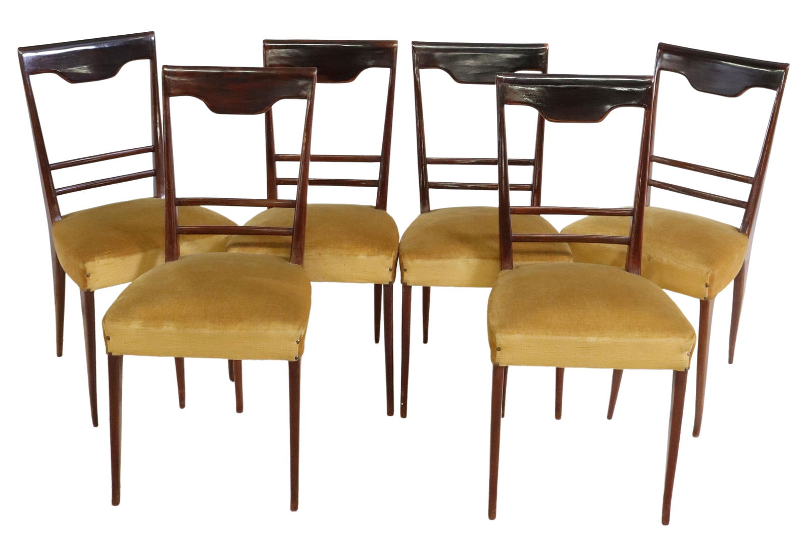 (6) PAOLO BUFFA (ATTRB) UPHOLSTERED DINING CHAIRS: (lot of 6) Italian mid-century modern dining chairs, attributed to Paolo Buffa (Italian, 1903-1970), c.1950s, having rounded back with horizontal slats, over padded seat in mustard corduroy upholstery