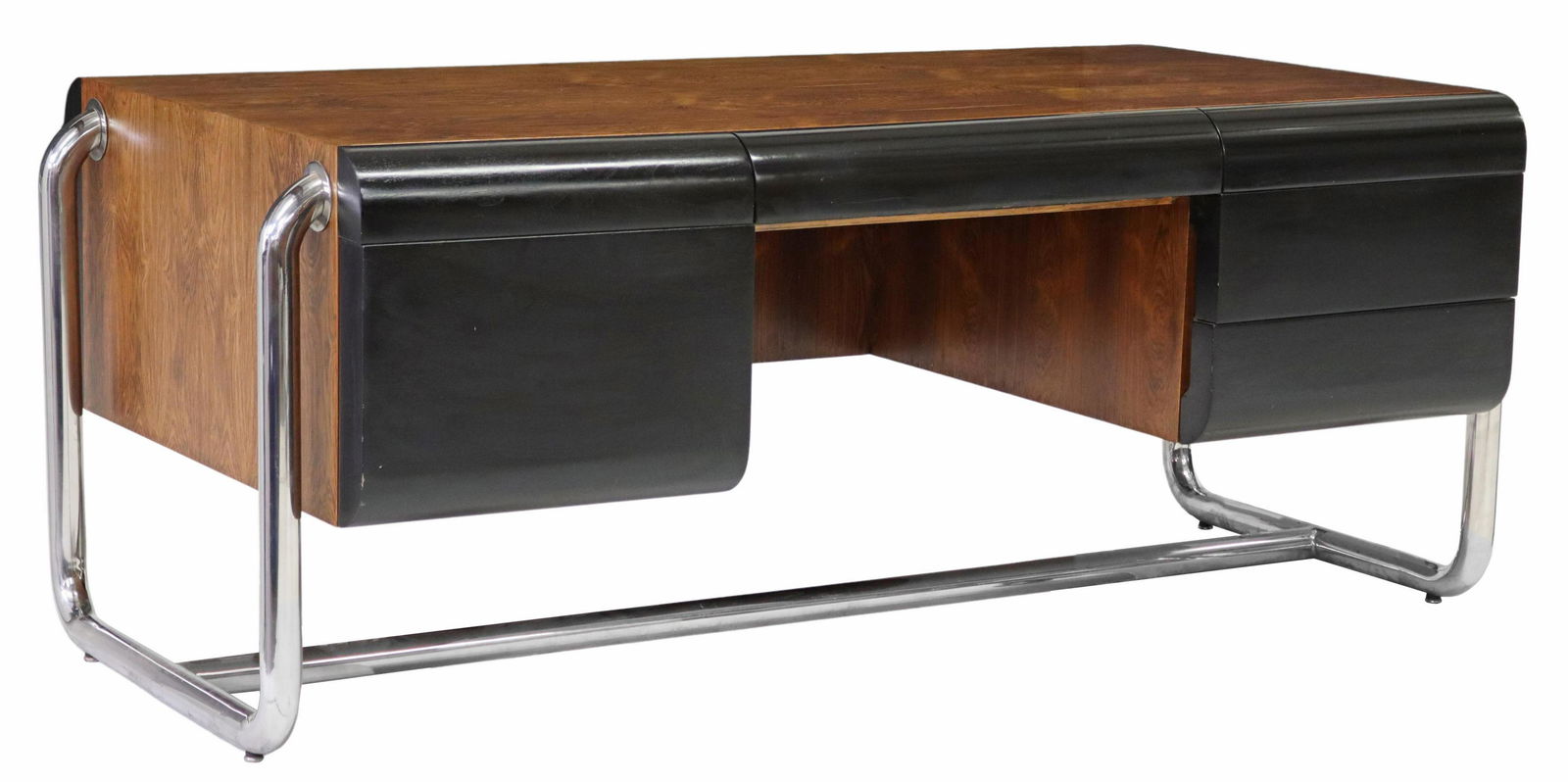LEON ROSEN STYLE ROSEWOOD EXECUTIVE DESK: Mid-century modern rosewood executive desk, in the manner of Leon Rosen for Pace Collection, c.1960s-1970s, six drawers, chromed aluminum frame, approx 29"h, 72"w, 36"d **Provenance: Designer Courtney