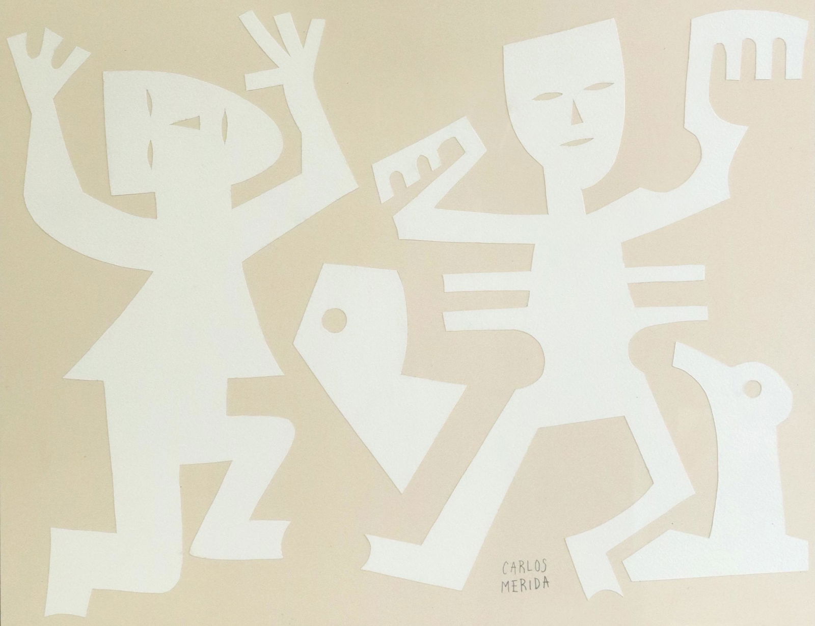 CARLOS MERIDA (1891-1984) CUT PAPER COLLAGE: Framed cut paper collage on cardboard, Two Figures, signed lower right Carlos Merida (Guatemalan, 1891-1984), accompanied by certificate of authenticity issued by Alma Merida, sheet: approx 15.75"h, 1