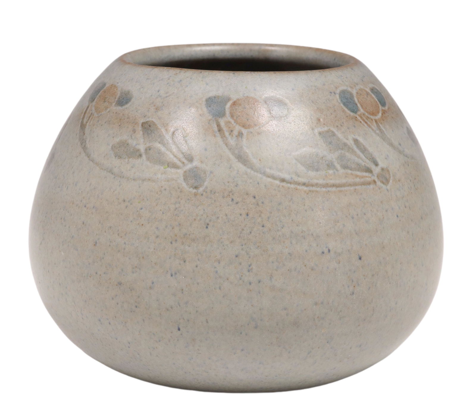 ARTHUR BAGGS & SARAH TUTT MARBLEHEAD POTTERY BOWL: American Arts and Crafts pottery bowl, Marblehead Pottery, Massachusetts, early 20th c., incised initials AB (Arthur Eugene Baggs, 1886-1947), and T (Sarah Tutt, 1859-1947), matte glaze, decorated wit